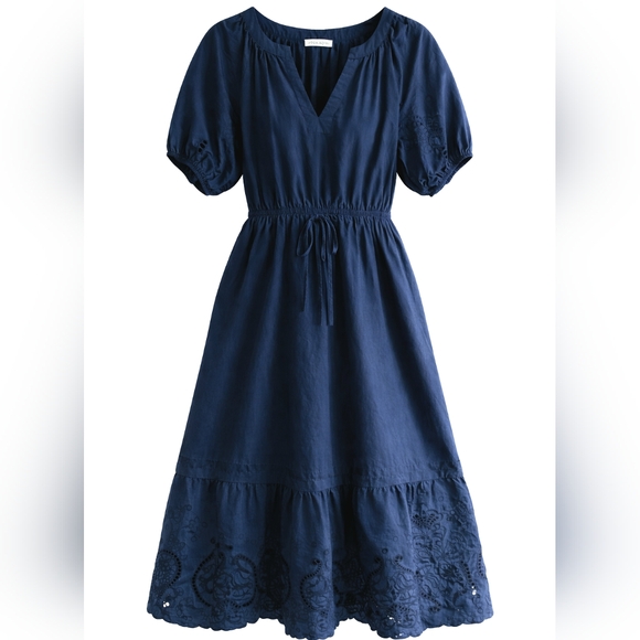 MOON RIVER Women's NAVY Blue Embroidered Midi Tiered Dress PUFF Sleeves Size M - Picture 3 of 11